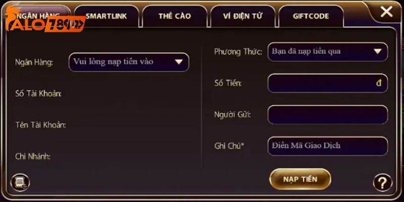 Nạp tiền tại ALO789 qua nhiều phương thức khác nhau